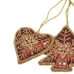 Hanging Decoration, Gold Beaded Heart Red