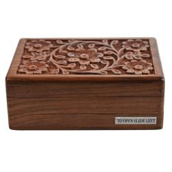 Secret Lock Box Hand Carved Sheesham Wood with Floral Carving 15x9.5x5.5cm