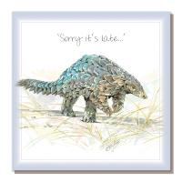 Greetings card, "Sorry it's late", pangolin