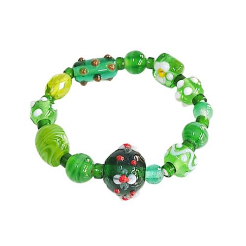 Bracelet Glass Beads Greens with Embellished Patterns