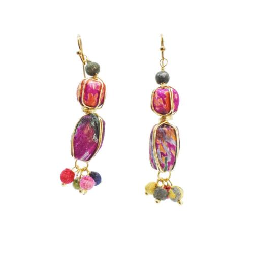 Earrings Recycled Drop 3 Beads + Cluster at Bottom Multicoloured 5cm
