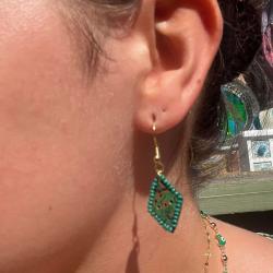 Earrings, recycled circuit board diamond shape edged with glass beads