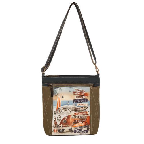Tote Bag Canvas and Leather - Beach / Camper Van 30.5x9x33cm