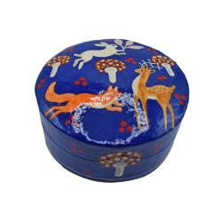 Round Trinket Box, woodland papier mâché blue 8 x 4cm