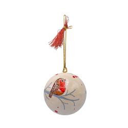 Hanging decoration, robin on bauble, papier mâché 5cm