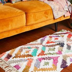 Dhurrie rug, recycled cotton & polyester diamonds design handwoven 60x90cm
