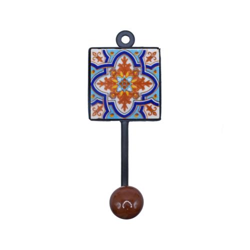 Coat Hook, Ceramic Floral Patterned Tile Brown Knob 5 x 13cm