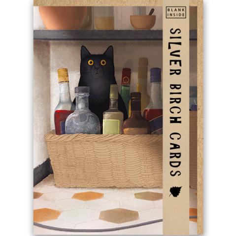 Greetings Card, Black Cat and Bottles, 12.5x18cm