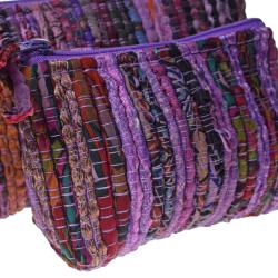 Set of 2 rag chindi pouch bags recycled sari base colour purple/blue 24x14 & 18x12cm