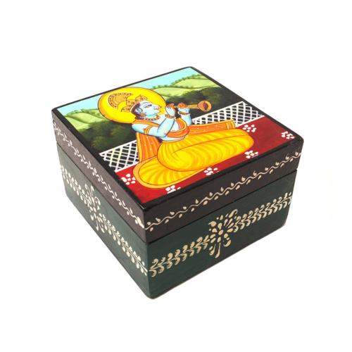 Jewellery / Trinket Box Painted Mango Wood, Krishna with Flute 10 x 10 x 6cm