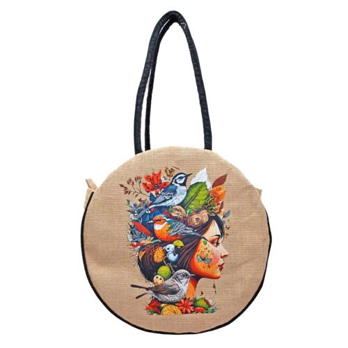 Jute Circular Bag with Zip Birds + Face to Left