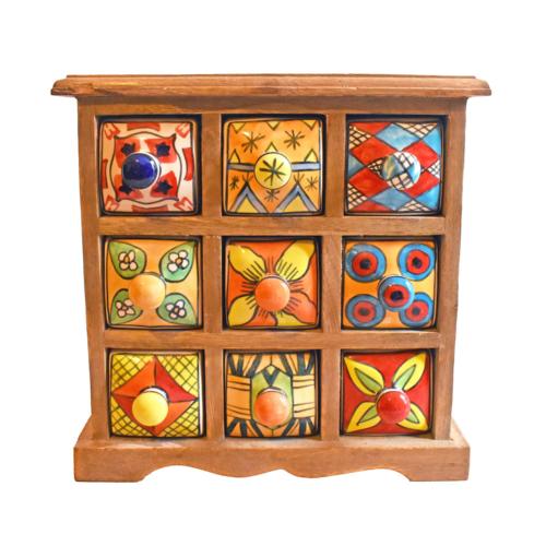 Mini Chest Hand Carved Mango Wood, 9 Ceramic Drawers 3x3 24x11x24cm