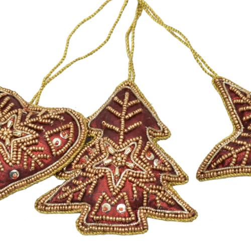 Hanging Decoration, Gold Beaded Tree Red