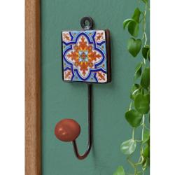 Coat Hook, Ceramic Floral Patterned Tile Brown Knob 5 x 13cm