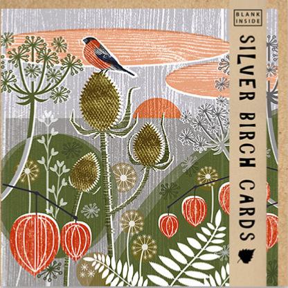 Greetings Card, Seedheads and Bullfinch, 15x15cm