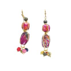 Earrings Recycled Drop 3 Beads + Cluster at Bottom Multicoloured 5cm