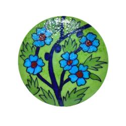 Single Round Ceramic Coaster, green with blue flowers 9cm diameter