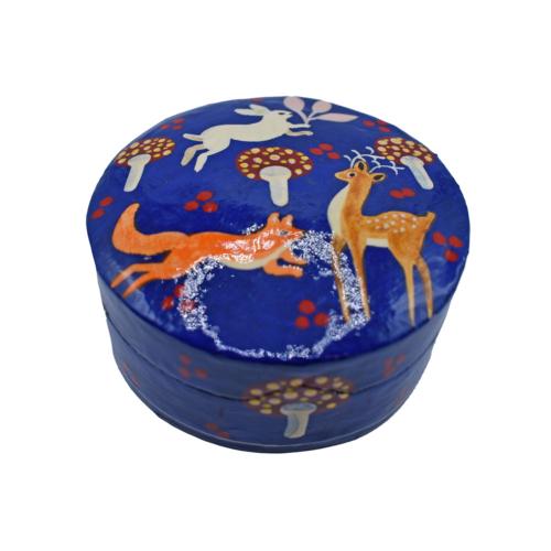 Round Trinket Box, woodland papier mâché blue 8 x 4cm