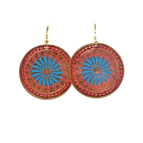 Earrings Round Gold Colour, red blue pattern 3cm diameter