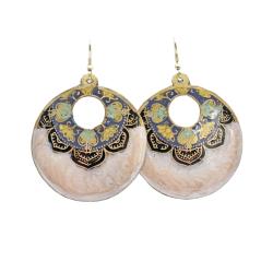 Earrings Round Cream Colour, black blue gold pattern, 4.5cm diameter