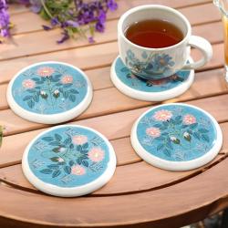 Single Ceramic Coaster Pink Flowers on Blue