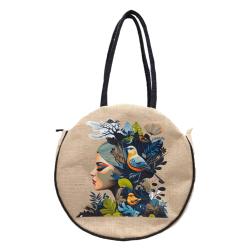 Jute Circular Bag with Zip Birds + Face to Right