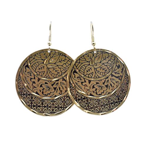 Earrings Round Gold Leaf Pattern 4.5cm diameter