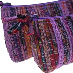 Set of 2 rag chindi pouch bags recycled sari base colour purple/blue 24x14 & 18x12cm