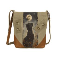 Crossbody Bag Canvas and Leather - Cat / Moon 30.5x9x30.5cm