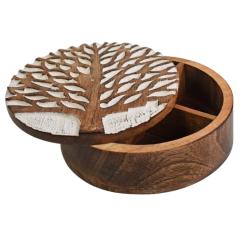 Spice or trinket box, Mango wood hand carved, Tree of life design 16.5cm diameter