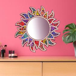 Sun Shaped Mirror, Recycled Glass Mosaic Multicoloured 30cm diameter