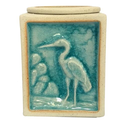 Oilburner, rectangular with heron design, blue glaze 7.5x7.5x9.5cm