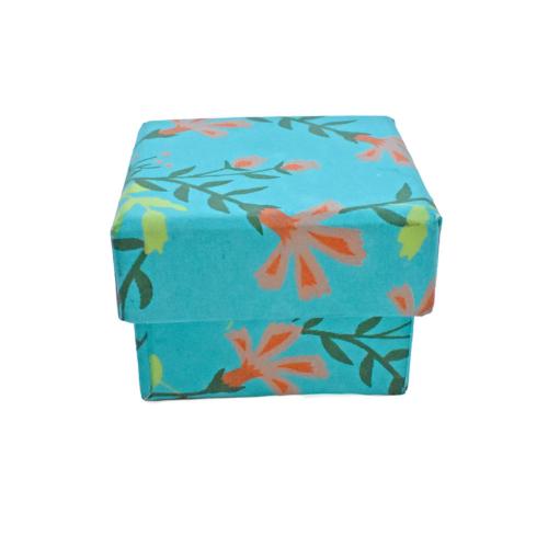 Gift Box Handmade Paper Floral Design on Teal 6 x 6 x 4.5cm