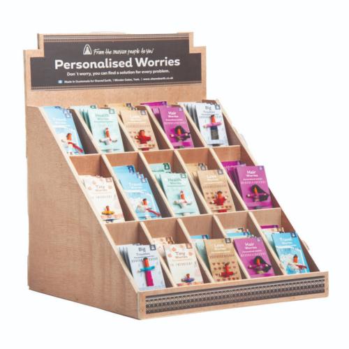 90 assorted personalised worry dolls in 15 slot display rack