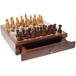 Small wooden chess set sheesham wood with pullout drawer 16x16x3.5cm