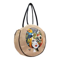 Jute Circular Bag with Zip Birds + Face Forward