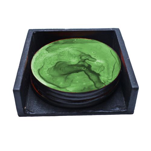 Set of 4 Coasters in Holder Green 10cm diameter