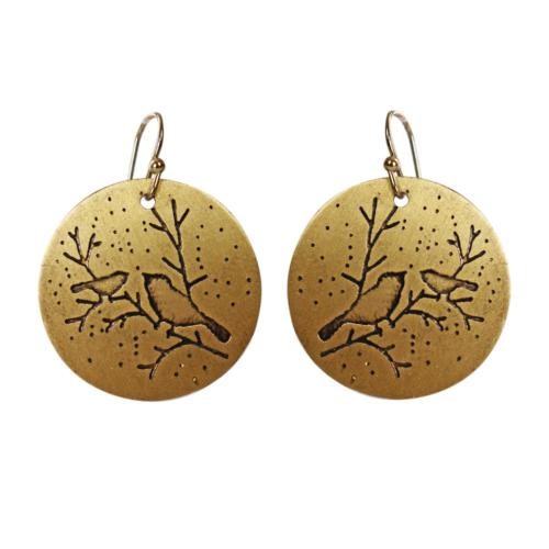 Earrings, Brass round drop engraved with birds on branches 2.5cm diameter