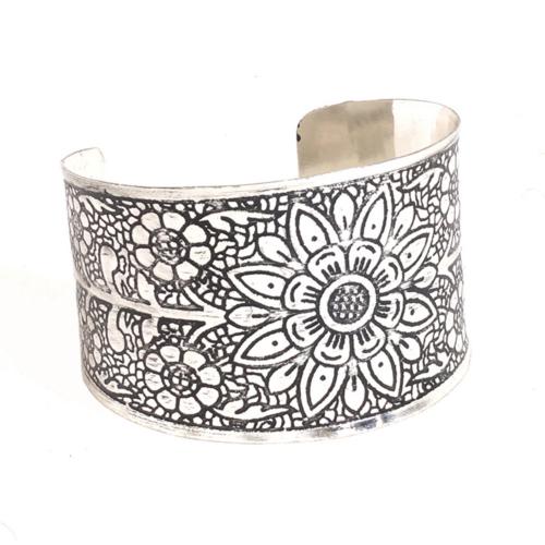 Brass Cuff Bracelet Embossed Floral Design