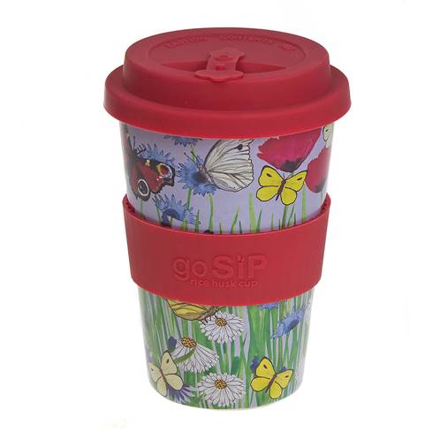 Reusable travel cup, biodegradable, butterflies & meadow flowers