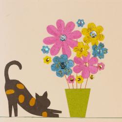 Handmade Card, Cat with Vase of Flowers 12x12cm