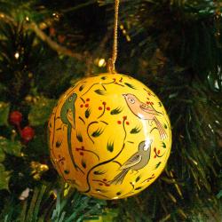 Hanging bauble, birds on yellow, papier maché