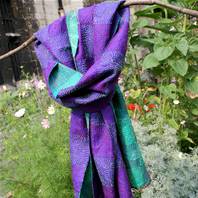 Scarf, recycled silk, kantha stitch, square pattern, assorted, 190x45cm 