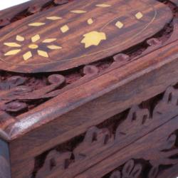 Jewellery/Trinket box, Sheesham Wood Floral Carved + Brass Inlay 25.5x15.25cm