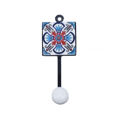 Coat Hook, Ceramic Floral Patterned Tile White Knob 5 x 13cm