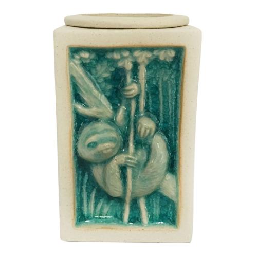 Oilburner, rectangular with sloth design, blue glaze 7.5x7.5x11.7cm