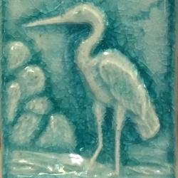 Oilburner, rectangular with heron design, blue glaze 7.5x7.5x9.5cm