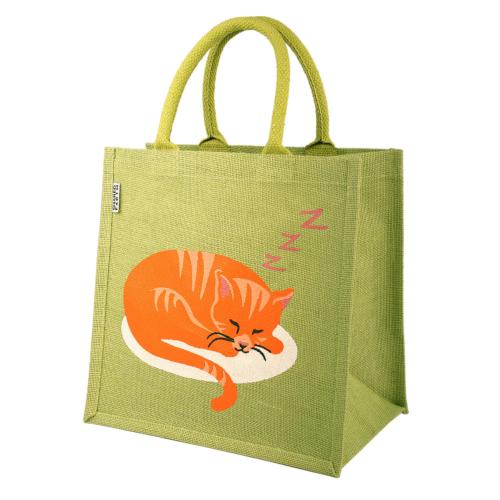 Jute shoppping bag, square, cat sleeping