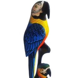 Standing Ornament Parrot and Baby Blue Albesia Wood 11 x 40cm