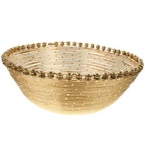 Metal bowl recycled wire and bike chain gold colour, 24cm diameter